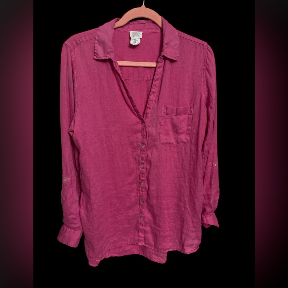 Sigrid Olsen Pink Button-Down 100% Linen Shirt, RollTab Sleeves, M